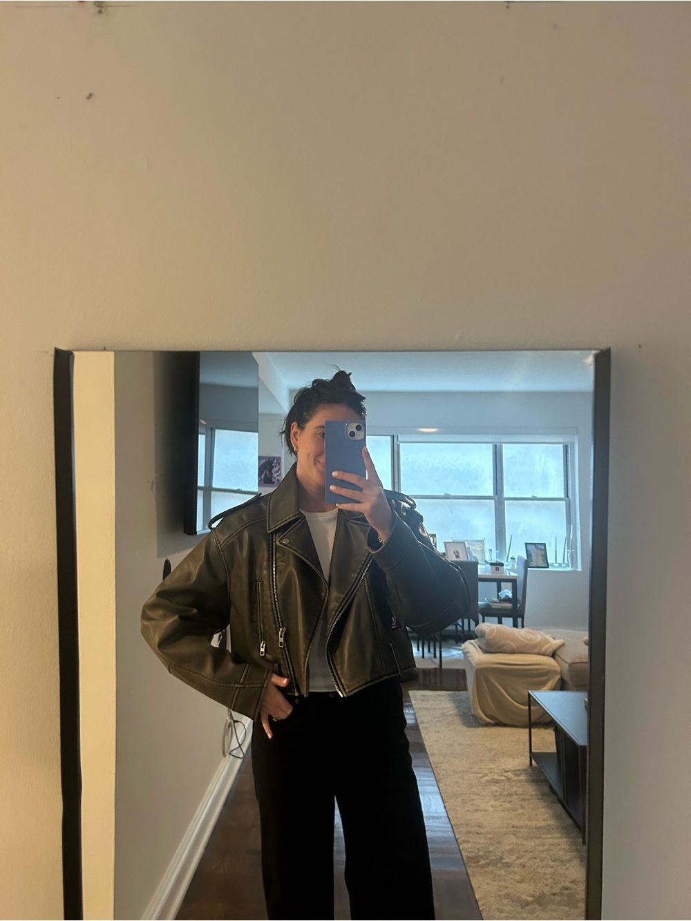 Zara Olive Green Leather Bomber Jacket